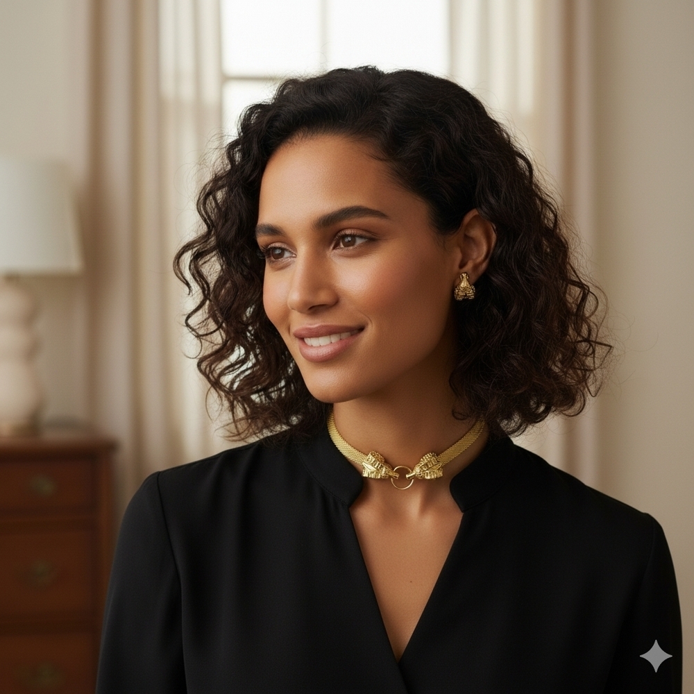 Vintage Gold Tone Mesh Choker Necklace & Stud Earrings Set